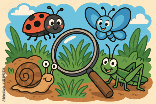 Cute cartoon insects exploring nature with a magnifying glass. Adorable ladybug, butterfly, snail, and grasshopper characters. Children's education concept for science, discovery.