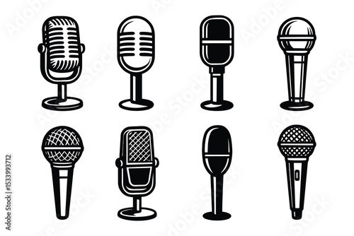 Collection of microphone vector illustrations for audio recording.