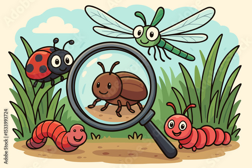 Cute cartoon insects exploration with magnifying glass. Kids discovering nature. Beetle, ladybug, dragonfly, worm in grass. Children's science, biology, entomology concept vector.