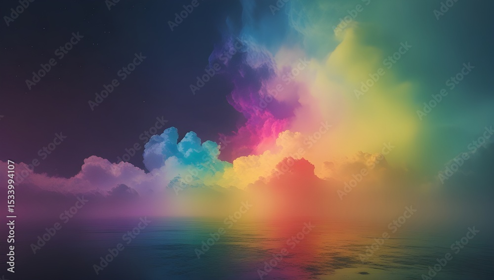 Naklejka premium Vivid, colorful clouds blend seamlessly across a serene water surface, creating a dreamlike atmosphere. Radiant hues of purple, blue, yellow, and pink dominate the scene, giving it an ethereal quality