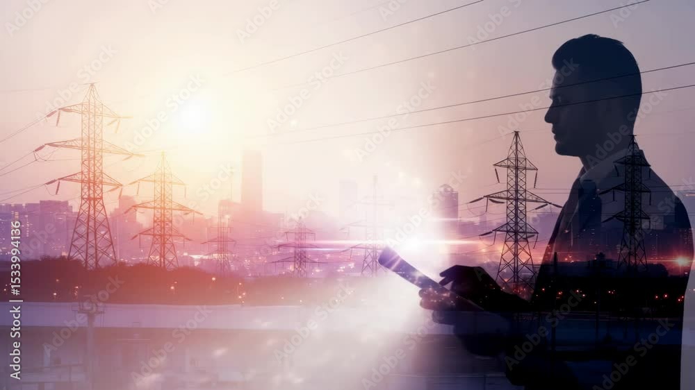 Man with tablet and power line towers double exposure. Electric system management. Global network grid control solution footage.