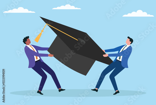 Vector illustration of two businessmen fighting for a graduation cap, symbolizing competition for education, credentials, and the role of academic achievement in career advancement
