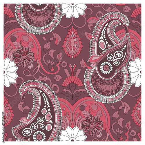 Seamless paisley pattern with ornate floral elements in deep burgundy, pink, and ivory tones. Perfect for textile design, luxury wallpapers, bohemian prints, fashion fabrics, and decorative crafts.