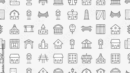 Illustration showing a pattern of various building and city icons including houses bridges and towers design