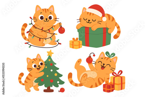 Christmas cat vector set. Cute ginger tabby kitten characters celebrating. Funny cartoon pet tangled in lights, hugging Xmas tree, sleeping on gift box. Holiday animal antics.