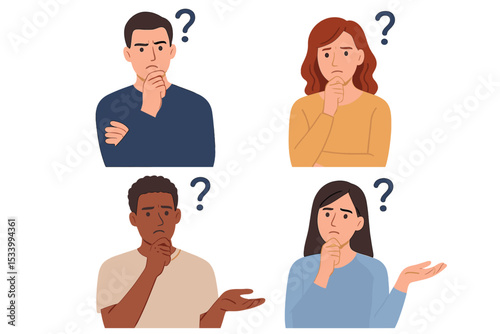 Set of diverse pensive people thinking with question marks. Men and women with thoughtful expressions facing a dilemma or choice. Concept of confusion, doubt, problem solving.
