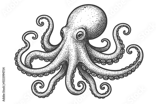 Octopus engraving vintage vector illustration. Hand drawn sketch of a sea animal. Black and white monochrome artwork of a kraken with tentacles for tattoo, print or logo design.