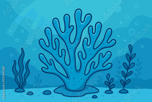 Underwater sea background with blue coral and seaweed. Cartoon vector illustration of the ocean floor. Aquatic marine life scene with bubbles and plants. Deep sea nature concept.