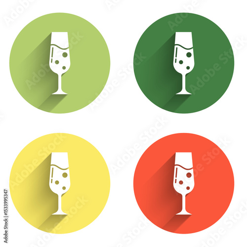 Set Glass of champagne icon isolated with long shadow background. Color circle button. Vector