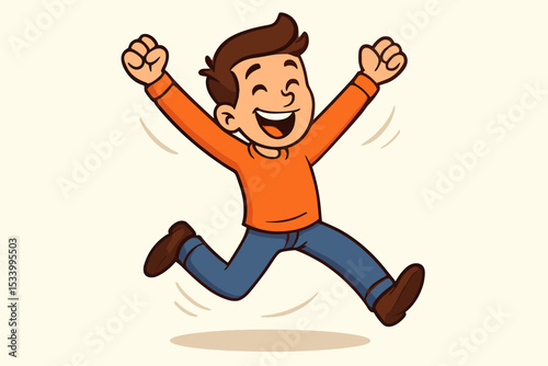 Happy cartoon boy jumping with joy. Joyful child celebrating victory and success. Excited kid character with arms raised in triumph. Vector illustration of happiness and achievement.