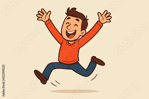 Happy cartoon boy jumping for joy. Ecstatic young man character celebrating success with a joyful leap. Vector illustration of excitement, freedom, and pure happiness.