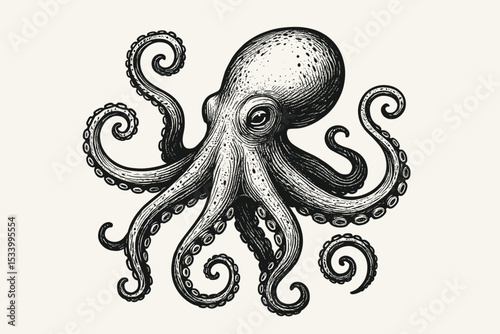 Engraving style octopus vector illustration. Hand drawn vintage black and white sketch of a marine kraken. Sea monster with tentacles for tattoo design, logo or nautical print.