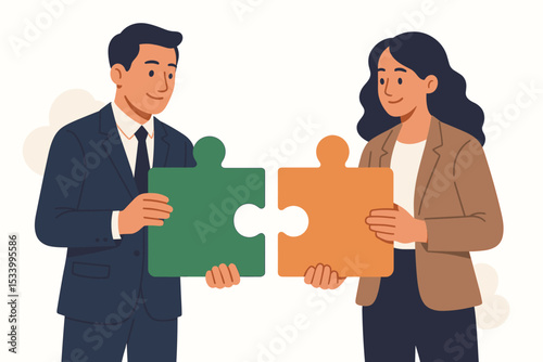 Business people connecting puzzle pieces. Teamwork, collaboration, and partnership concept. Man and woman finding a solution together. Corporate strategy and synergy vector.