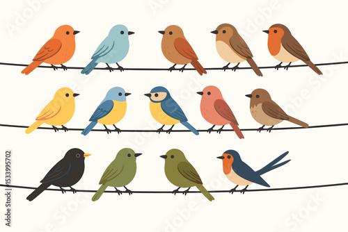 Cute colorful cartoon birds sitting on wires. Vector illustration of a flock perching on a line. Simple flat design collection. Set of various birds like robin, blue tit, swallow.