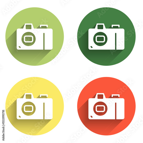Set Photo camera icon isolated with long shadow background. Foto camera icon. Color circle button. Vector