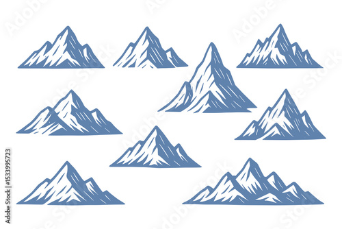 Set of blue mountain range vector silhouettes for outdoor adventure.