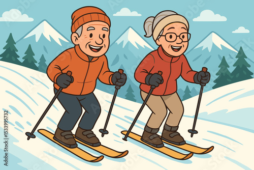 Happy senior couple skiing. Elderly man and woman enjoying winter sport adventure in mountains. Active retirement lifestyle, healthy outdoor activity concept. Cartoon vector illustration.