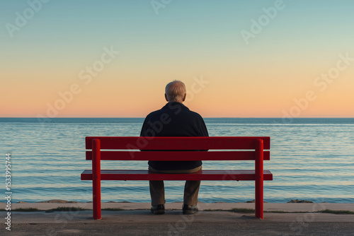 An older man sits on a red bench, facing away from the viewer and looking at the sea in front of him.