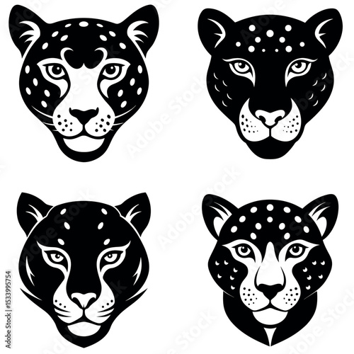 Four Black and White Jaguar Head Silhouettes with Unique Spotted Patterns and Styles