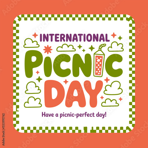 Fun summer picnic design with framed border and icons like fruits and sandwiches for holiday cards  