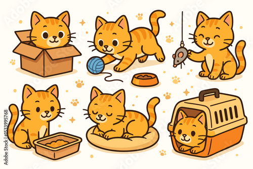 Cute ginger cat character set. Kawaii orange tabby kitten collection. Playful domestic pet animal in daily life scenes. Cartoon vector illustration for kids, pet care, vet clinic.