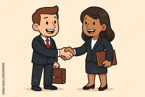 Business handshake cartoon. Diverse businessman and businesswoman in suits making a deal. Vector illustration for partnership, successful negotiation, agreement, welcome, cooperation.