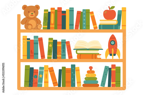 Cute children's bookshelf with books, teddy bear, rocket, and apple toys. Vector illustration for nursery, playroom, or library. Concept of education, reading, and learning for kids.