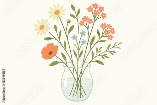 Spring floral bouquet of wildflowers in a clear glass vase. Hand-drawn vector illustration with daisy, poppy, and forget-me-not flowers. Simple botanical art for greeting cards.