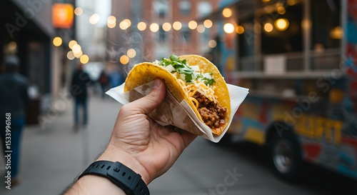 A hand holding a taco, urban food truck scene