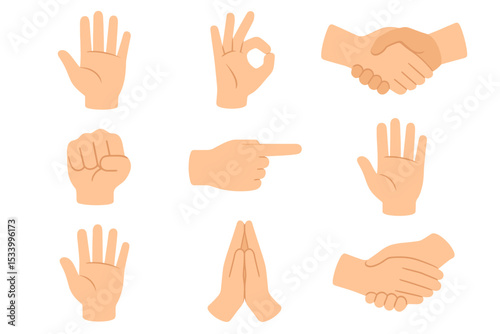 Hand gestures collection vector illustration. Set of cartoon flat communication signs and symbols. Icons pack with handshake, fist, pointing finger, stop, ok gesture, and high five.
