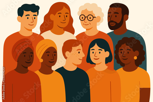 Diverse community of multicultural people standing together in a group portrait. Concept of unity, social inclusion, and togetherness. Multi-ethnic and multi-generational society.