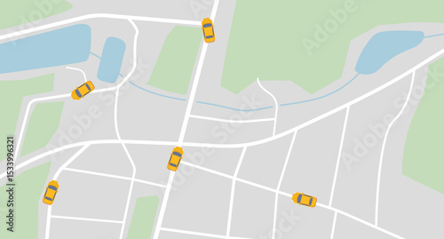 City map navigation on navigator with yellow taxi cars. Top view, view from above on taxi availability. Simple realistic map design with small town, forest, river and lakes. Vector illustration.