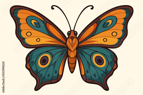 Vintage butterfly vector illustration in groovy 70s style. Orange and teal retro insect icon. Classic old school tattoo design. Isolated nature symbol for metamorphosis.