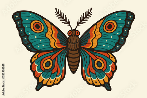 Retro butterfly vector illustration in 70s style. Colorful insect with ornamental wings in teal and orange. Decorative folk art moth graphic for print, sticker or logo design.