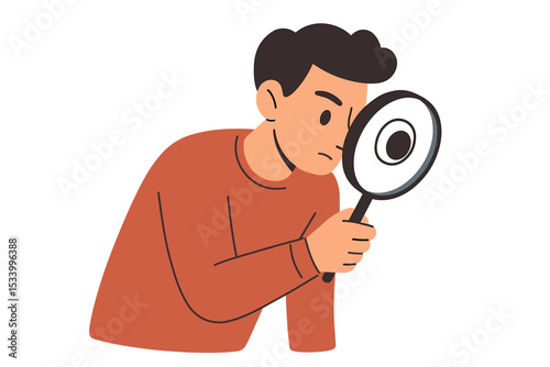 Man with magnifying glass. Concept of search, research, investigation, analysis, discovery. Person exploring, inspecting. Vector illustration for attention to detail, audit, finding facts.