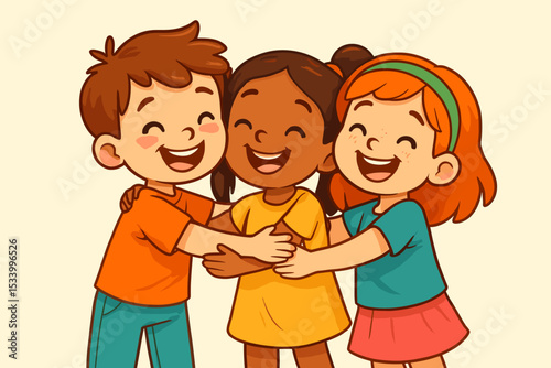 Diverse group of happy children friends in a group hug. Multicultural kids embracing each other. Concept of friendship, unity, togetherness, and inclusion. Cute cartoon vector.