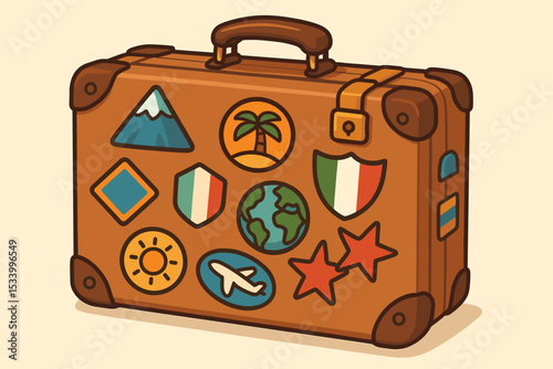 Retro brown suitcase covered in travel stickers from a world tour. Concept for vacation, journey, and adventure. Vector illustration of vintage luggage with patches of Italy, globe.