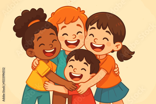 Happy diverse kids embracing. Friendship concept with multiethnic children together. Vector illustration of unity, love, and childhood innocence. Inclusivity and support.