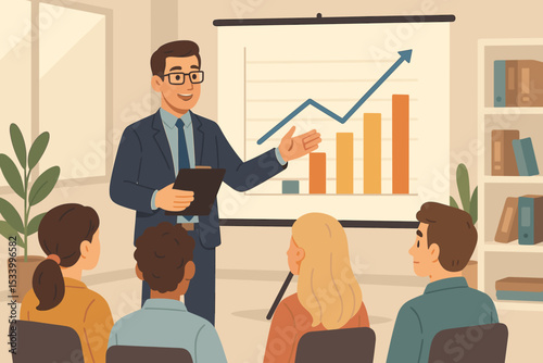 Business presentation with a speaker showing a growth chart. Corporate training seminar or workshop with a coach and audience. Office meeting with a manager explaining strategy.