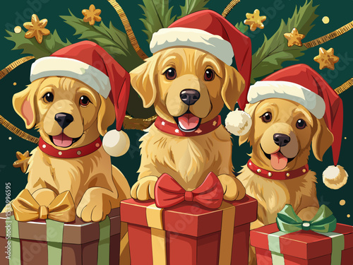 vector of Lovely golden retriever puppies with Santa hats in Christmas presents...