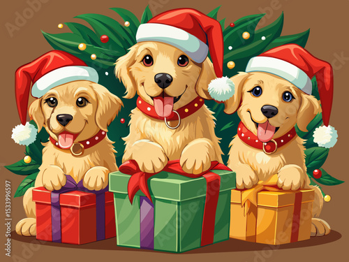 vector of Lovely golden retriever puppies with Santa hats in Christmas presents...