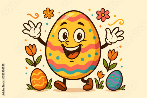 Happy Easter egg cartoon character mascot. Retro vintage style illustration for spring holiday. Cute smiling decorated egg with flowers. Isolated vector graphic design.