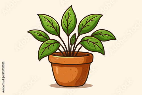 Houseplant in a pot vector illustration. Cute cartoon green leafy plant in a brown terracotta flowerpot. Isolated indoor plant icon for home decor, gardening, and nature concepts.
