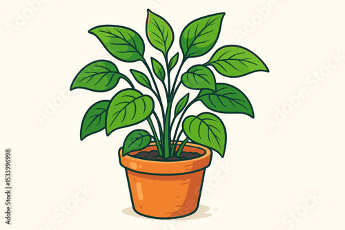 Potted plant vector illustration. Houseplant with green leaves in a classic terracotta pot. Cartoon icon isolated on white. Concept for home decor, gardening, botany, nature, growth.