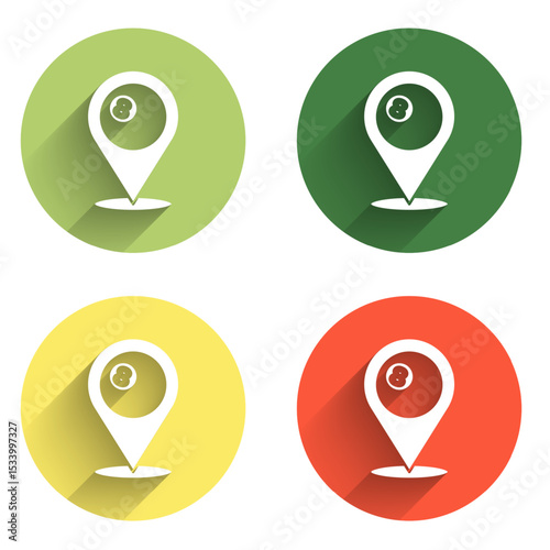Set Map pointer with billiard pool snooker ball with number 8 icon isolated with long shadow background. Color circle button. Vector