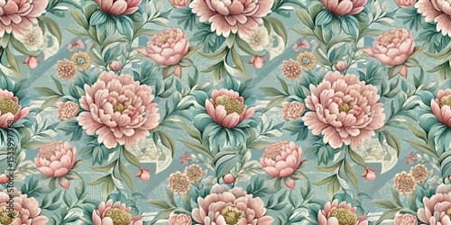 Elegant floral wallpaper design featuring large peonies in soft pastel colors.