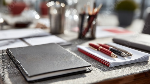 Glass top table company documents branded pens and welcome packet at new hire orientation clean onboarding business background