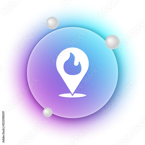 White Map pointer with fire flame icon isolated on white background. Fire nearby. Blue and purple gradient circle background. Vector
