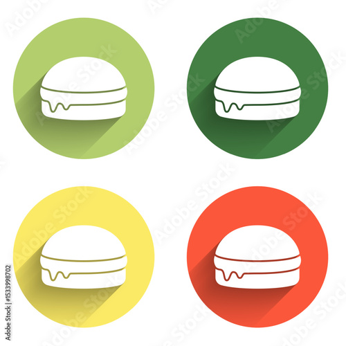 Set Burger icon isolated with long shadow background. Hamburger icon. Cheeseburger sandwich sign. Fast food menu. Color circle button. Vector