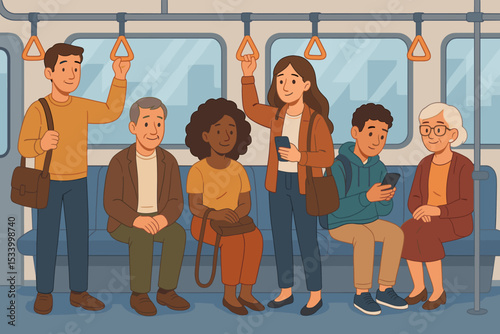 Diverse group of people traveling on a subway train. Men, women, and seniors as passengers commuting in a public transport wagon. Urban daily life concept. Flat vector illustration.